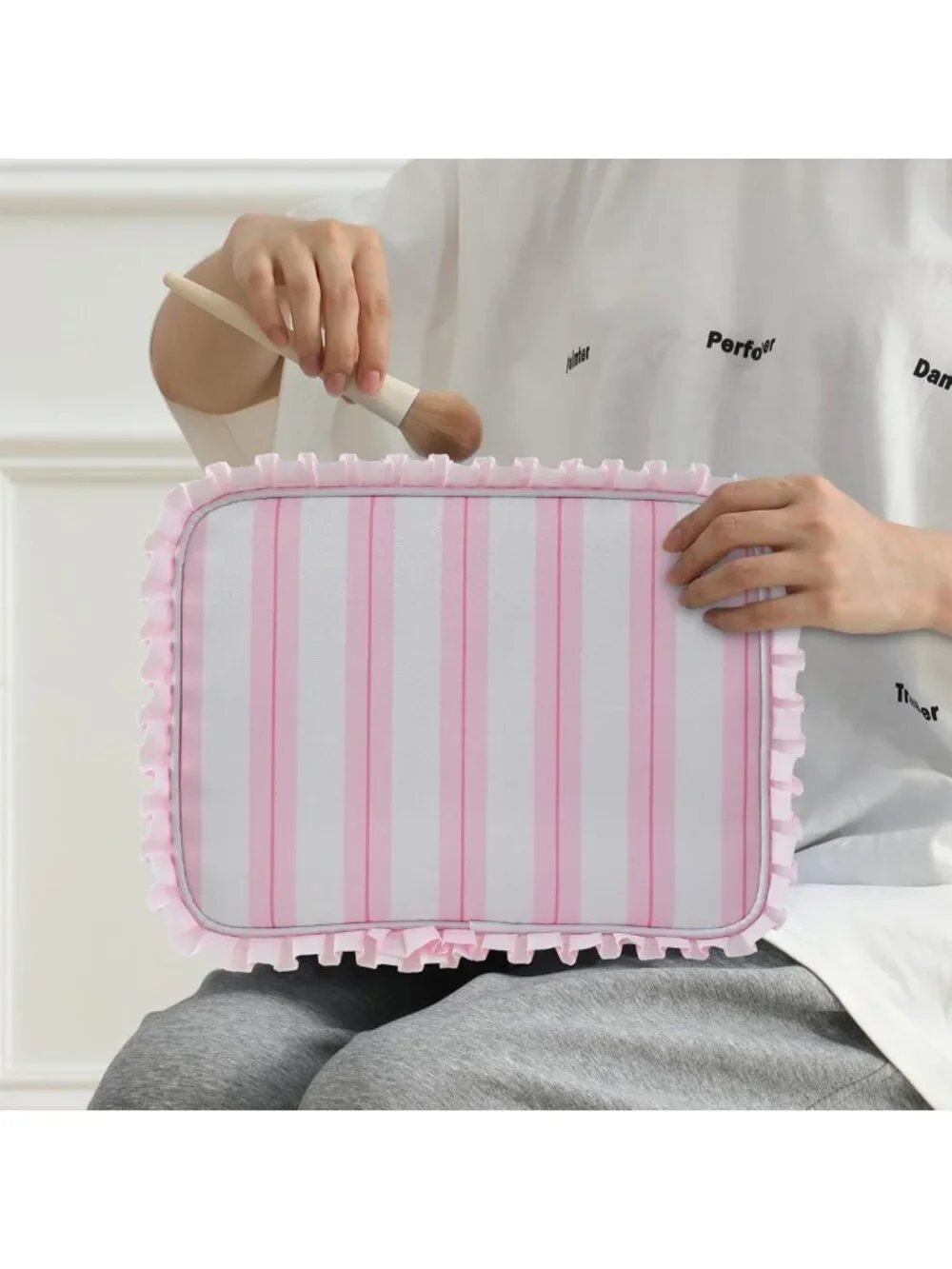Chic Pink Stripe Ruffled Makeup Bag | Stylish Cosmetic Organizer & Travel Case